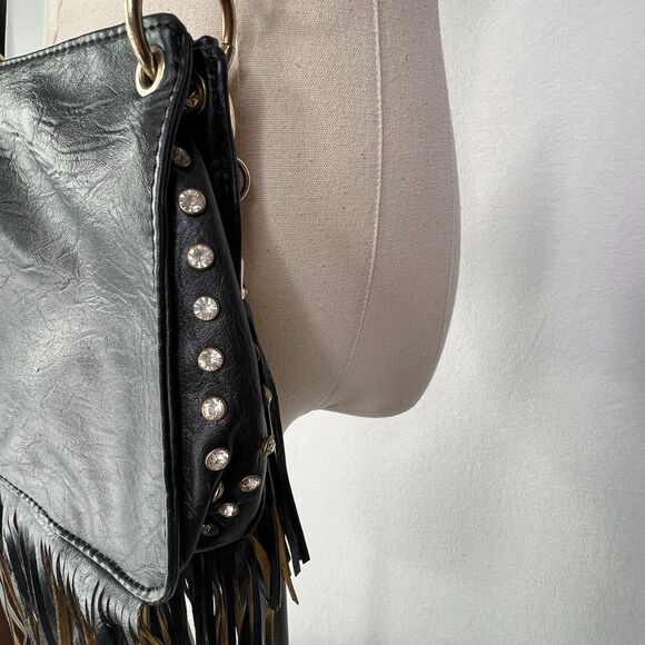 Imoshion | BOHO Purse | Crossbody | Fringe | Black | Small | Rhinestone Trim - Picture 8 of 10